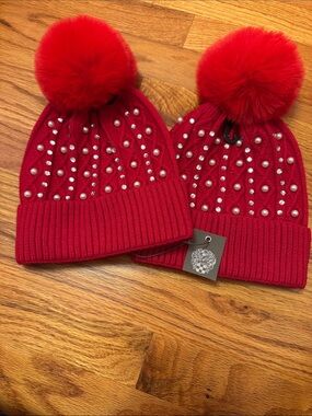 Vince Camuto Red Knit Beanie with Pom and Pearl Accents